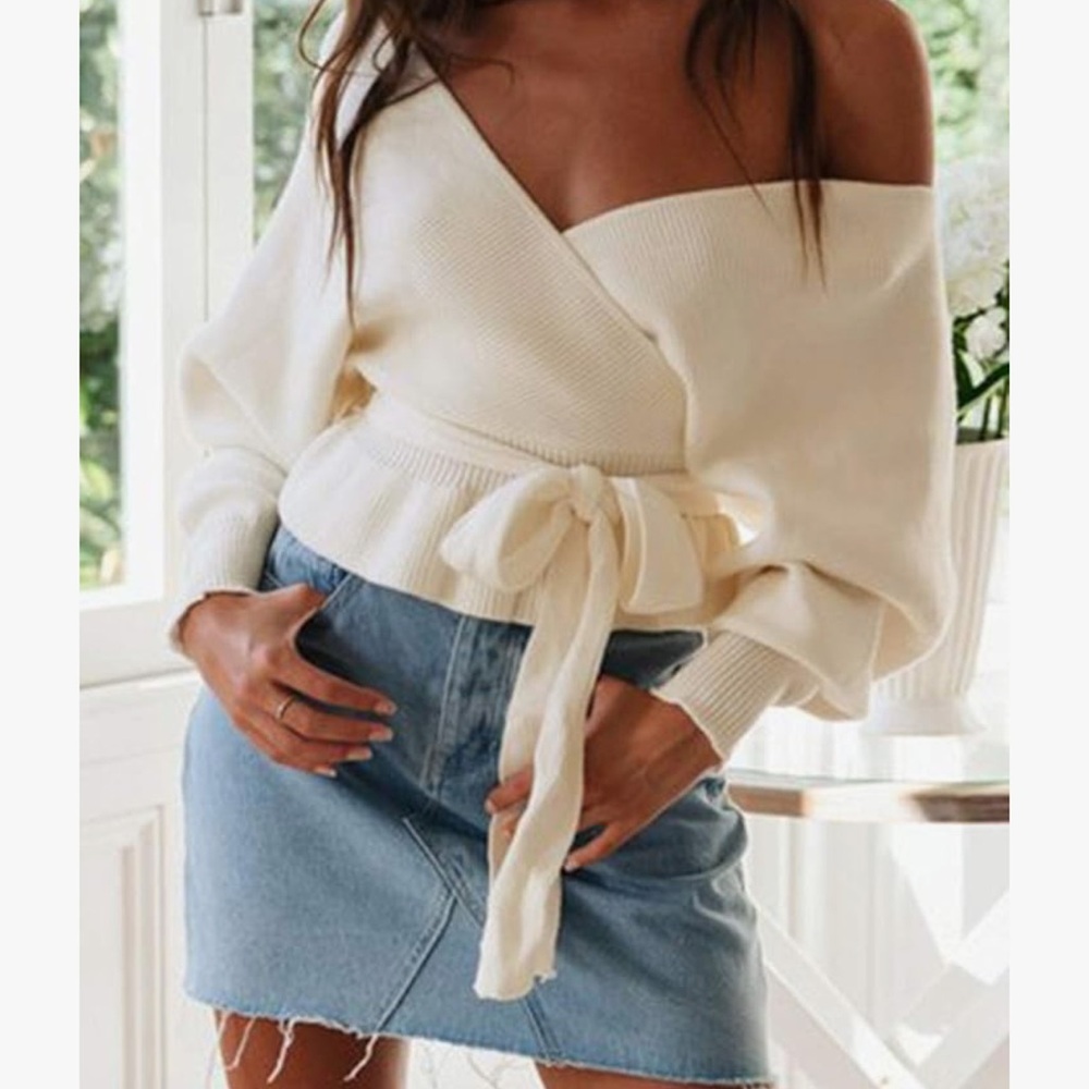 Women’s Cream Wrap Tie Waist Sweater